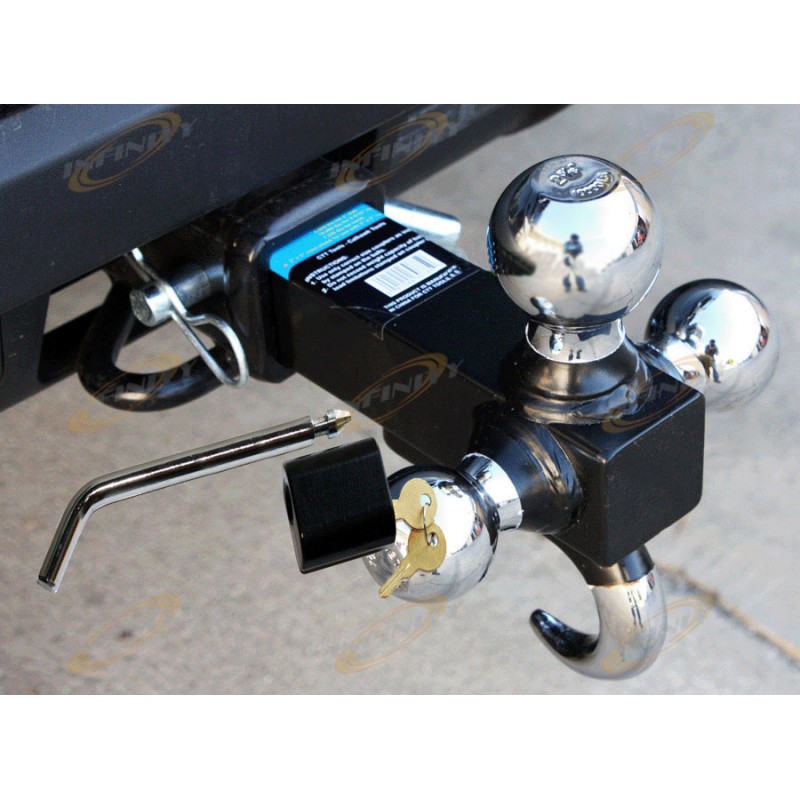 Solid Shank Triple Tri Ball + Hook Trailer Tow Hitch Bar Mount W/Pin